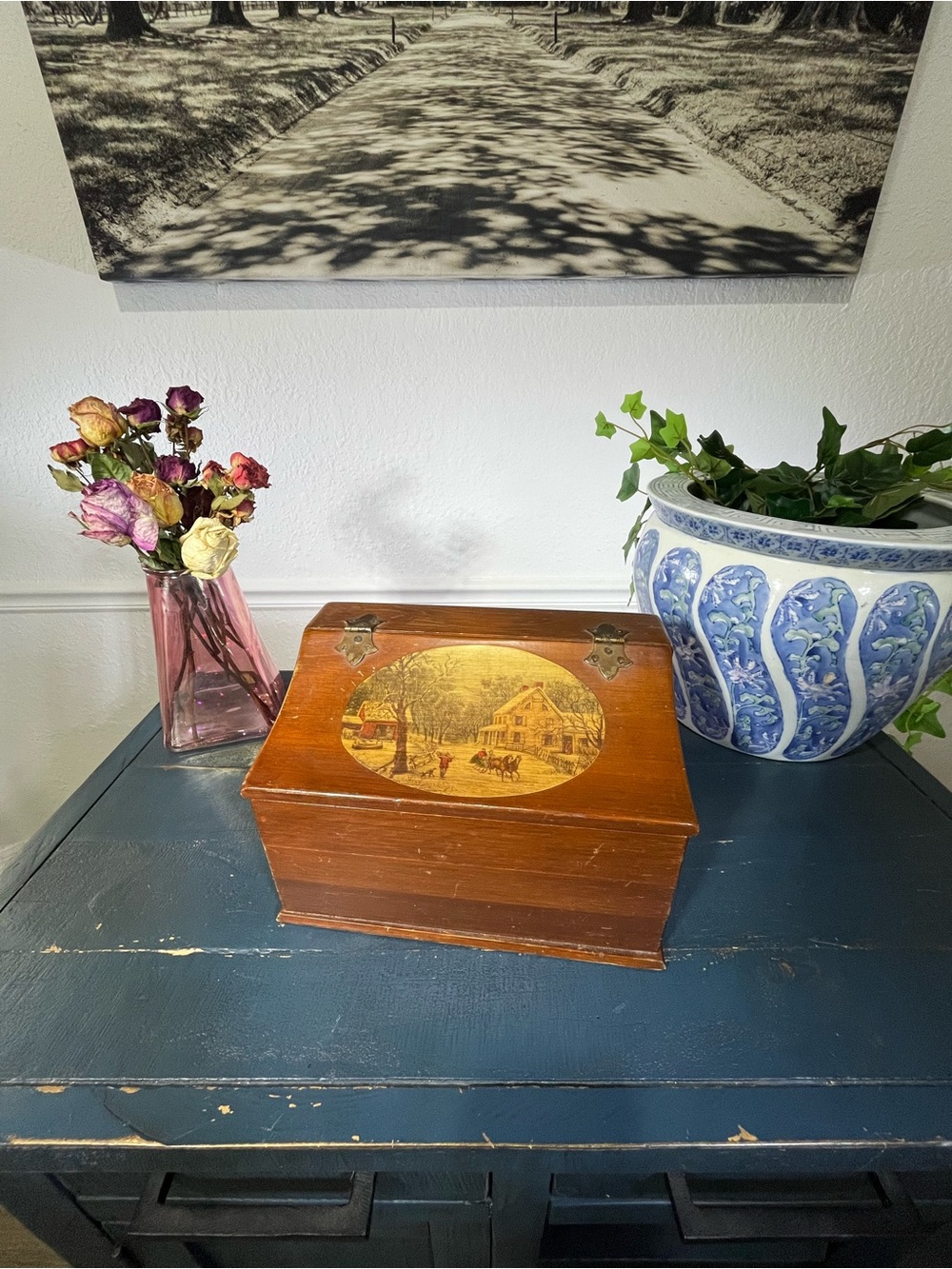 Vintage Wooden Decorative Keepsake Box with Scenic Inlay - Currier & Ives